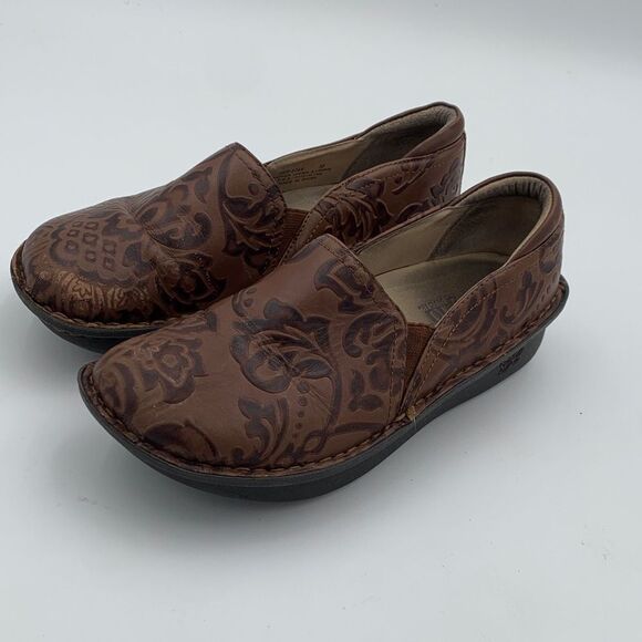Alegria Brown Floral stamped leather Slip-On Shoes nurse teacher comfort shoe 38 - Picture 5 of 14